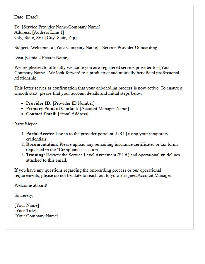 Service Provider Onboarding Welcome Letter