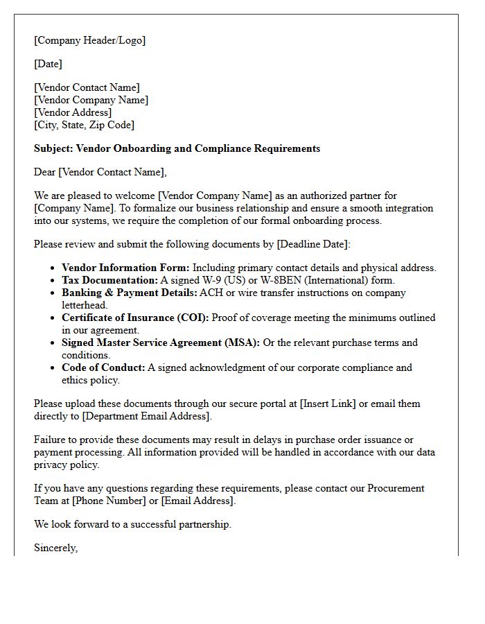 Vendor Compliance And Onboarding Letter
