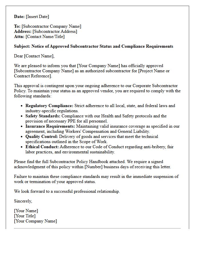 Approved Subcontractor Policy and Compliance Letter