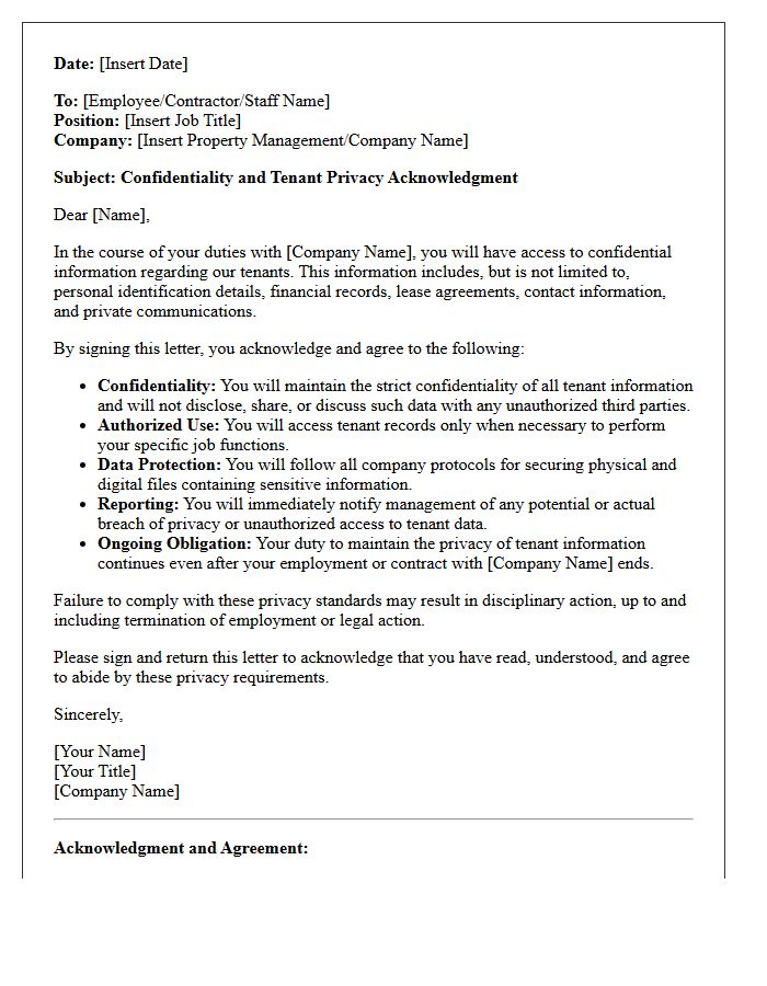 Confidentiality and Tenant Privacy Acknowledgment Letter