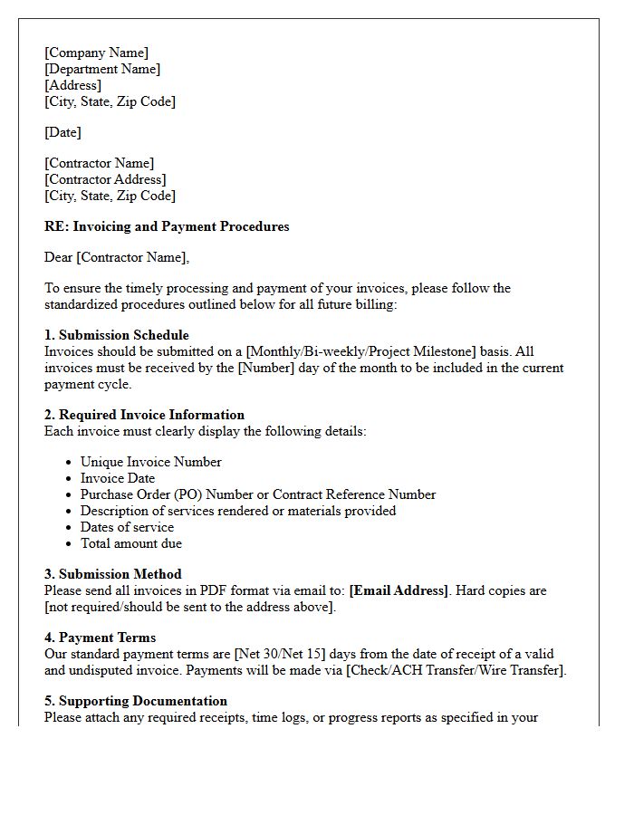 Contractor Invoicing and Payment Procedure Letter