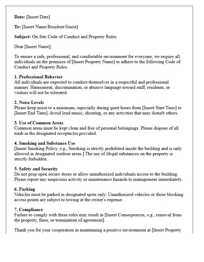 On-Site Code of Conduct and Property Rules Letter