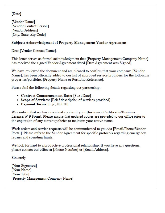 Property Management Vendor Agreement Acknowledgment Letter