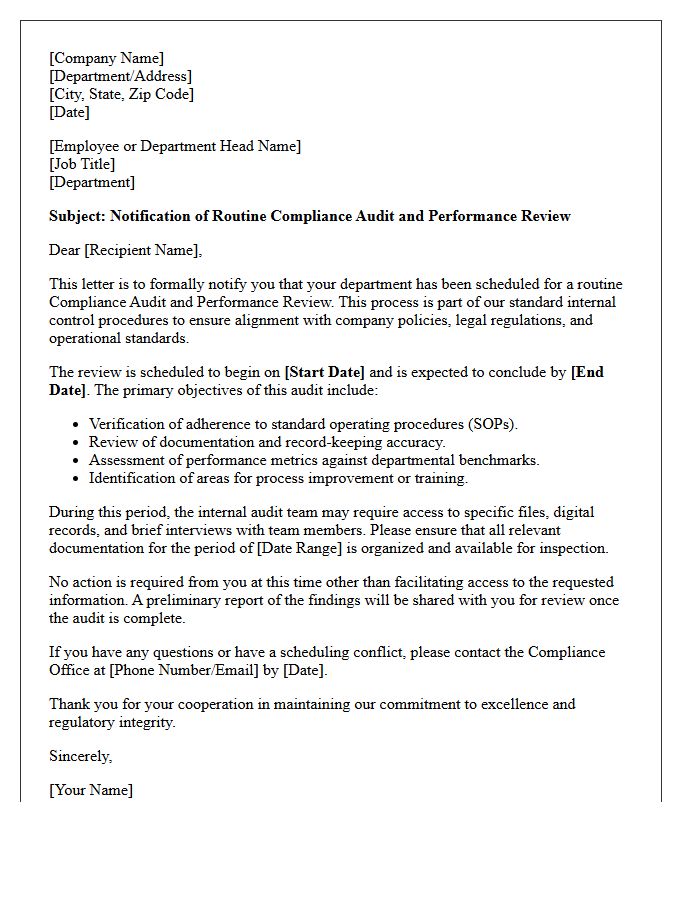 Routine Compliance Audit and Performance Review Letter