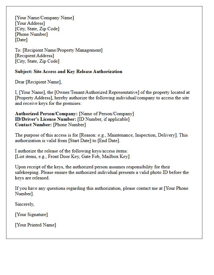 Site Access and Key Release Authorization Letter
