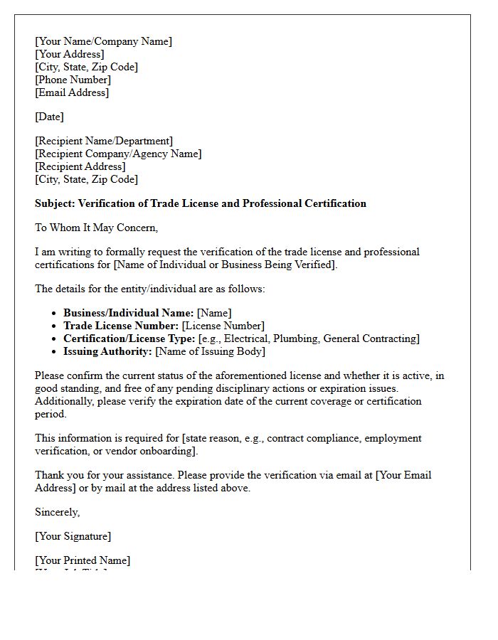 Trade License and Certification Verification Letter