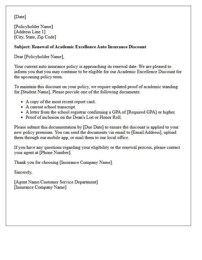 Academic Excellence Auto Policy Discount Renewal Letter