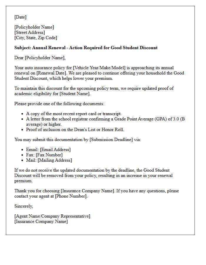 Annual Auto Policy Renewal Good Student Discount Letter
