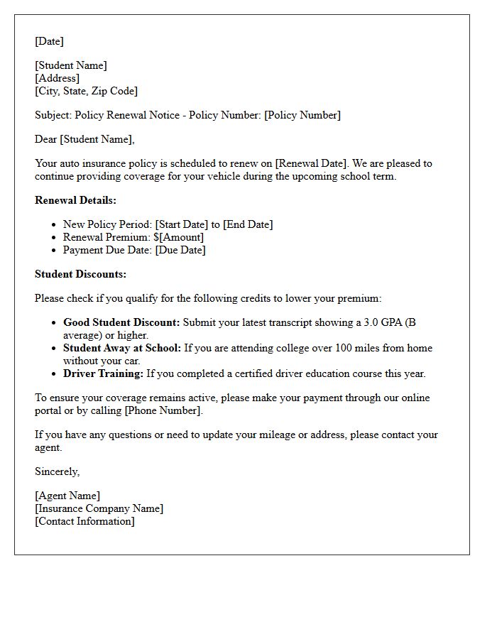 College Student Auto Insurance Policy Renewal Letter