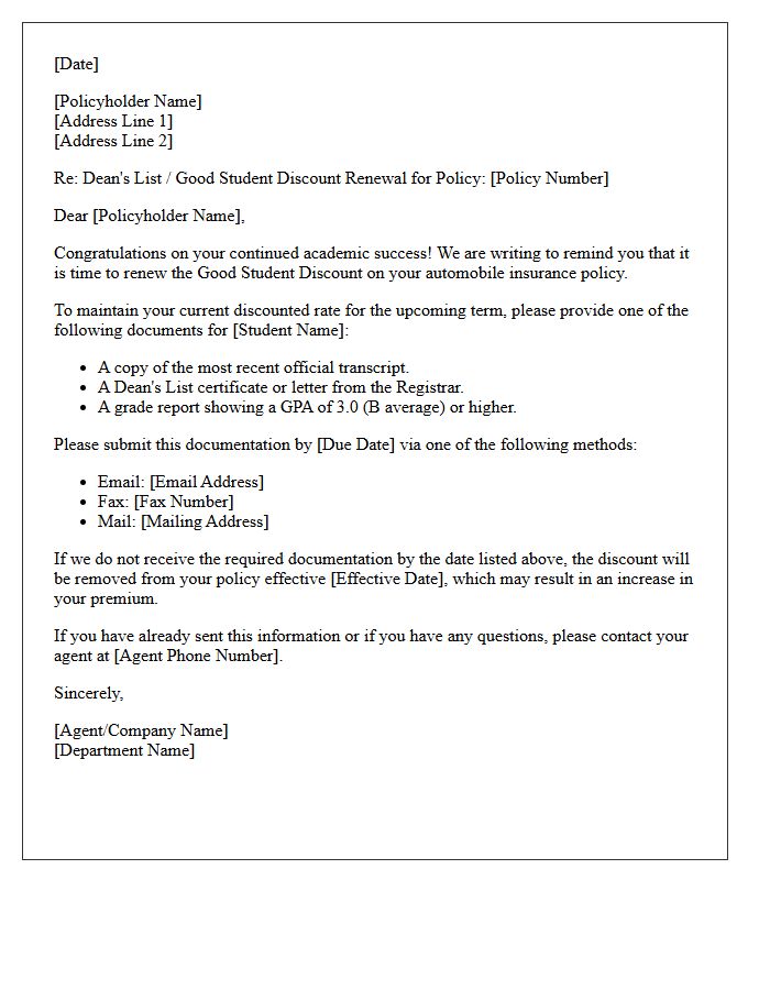 Dean's List Auto Policy Discount Renewal Letter
