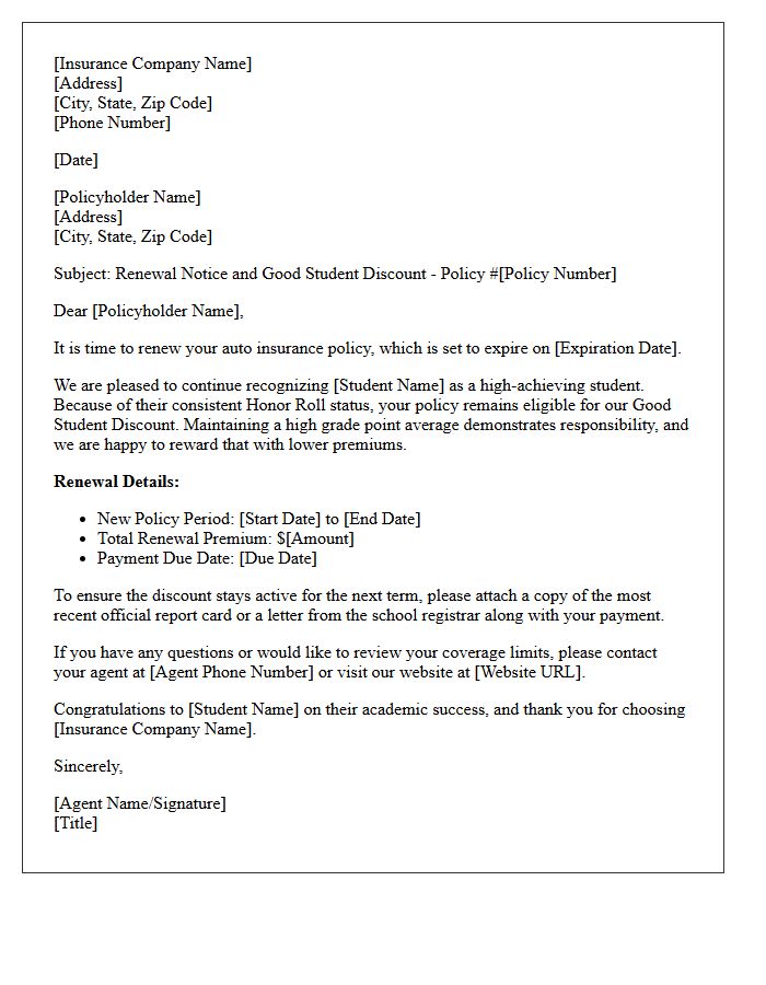 Honor Roll Student Auto Insurance Renewal Letter