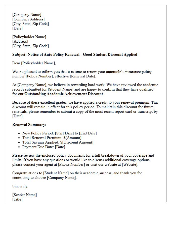 Outstanding Academic Achievement Auto Policy Renewal Letter