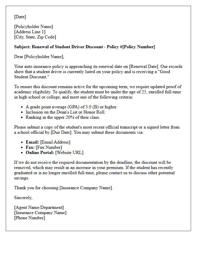 Student Driver Discount Auto Policy Renewal Letter