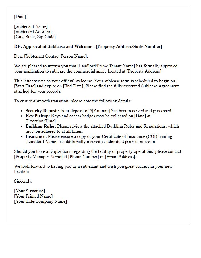 Commercial Subtenant Approval And Welcome Letter