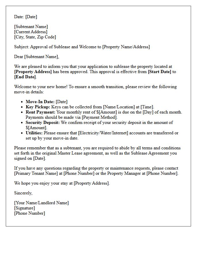 New Subtenant Approval And Move-In Welcome Letter
