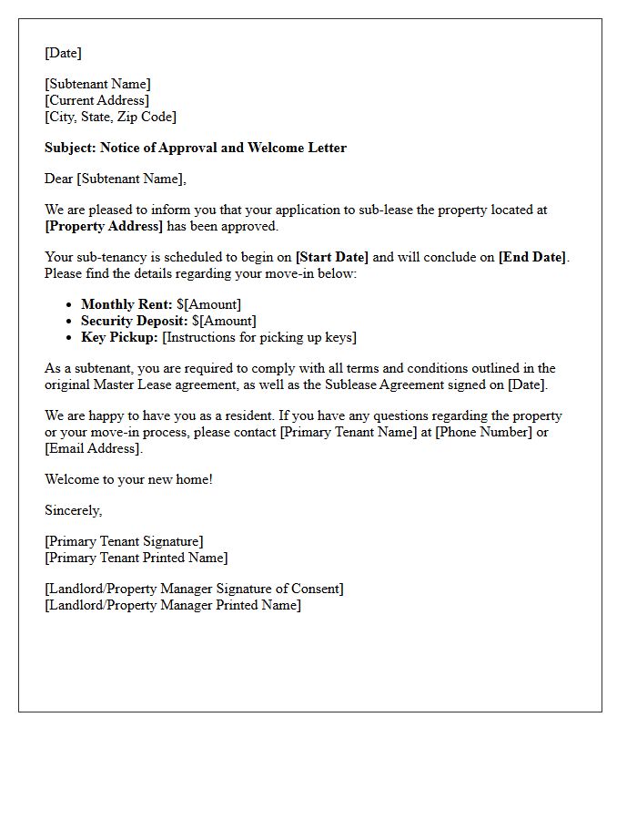 Notice Of Subtenant Approval And Welcome Letter