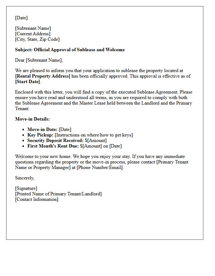 Official Subtenant Approval And Welcome Letter
