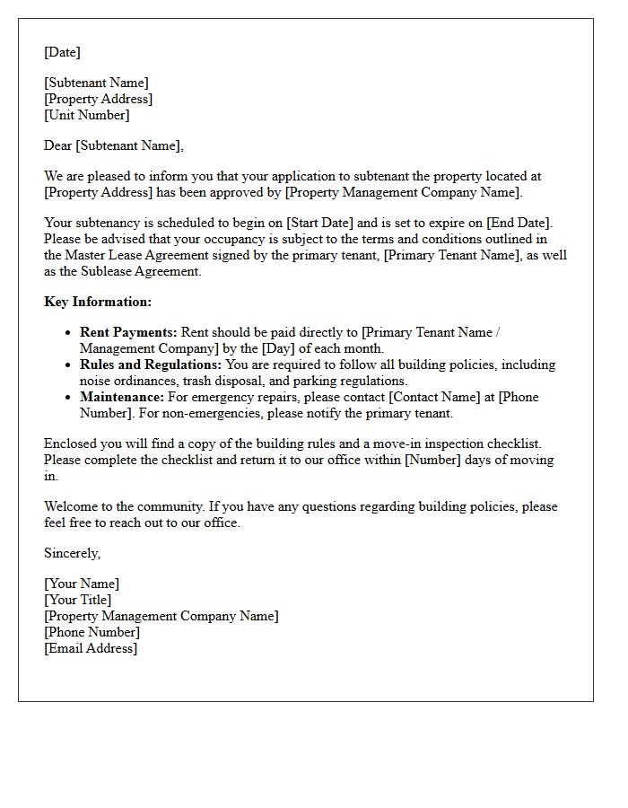 Property Management Subtenant Approval Welcome Letter