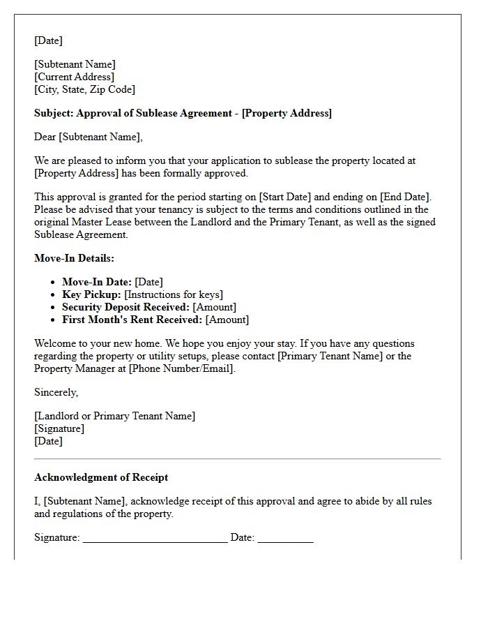 Sublease Agreement Approval And Welcome Letter