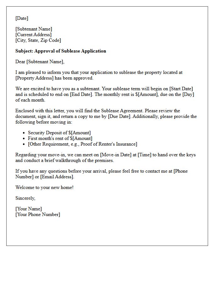 Subtenant Application Approval And Welcome Letter