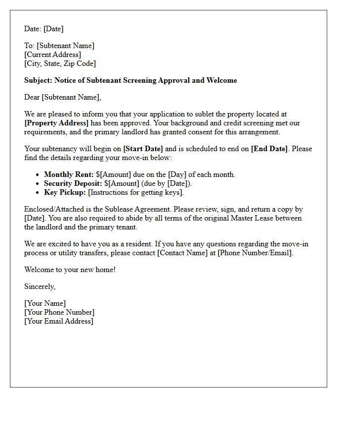 Subtenant Screening Approval And Welcome Letter