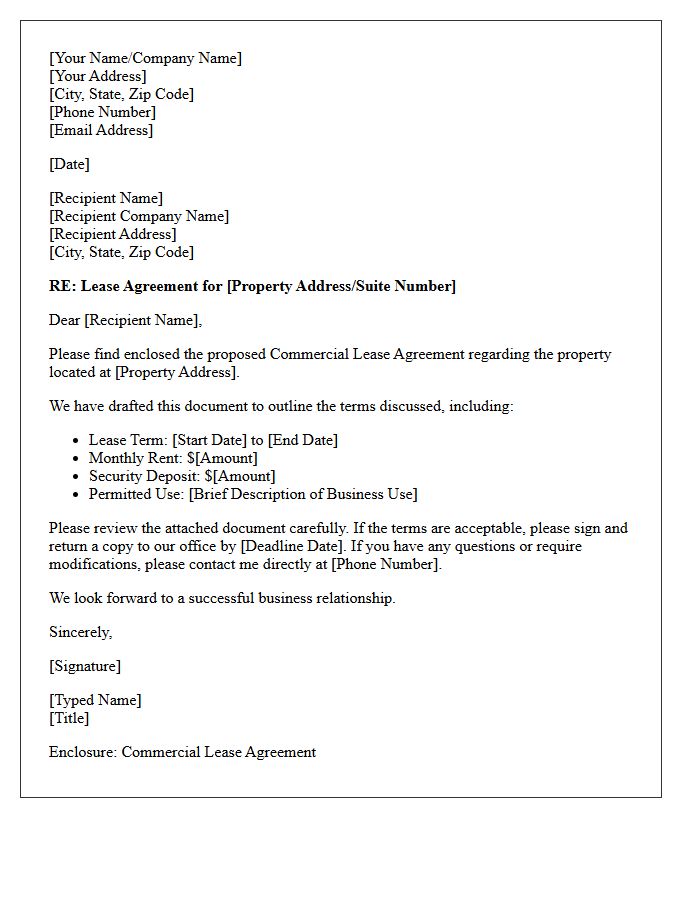 Commercial Property Lease Agreement Cover Letter