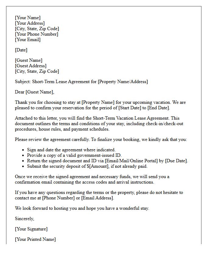Short-Term Vacation Lease Agreement Cover Letter