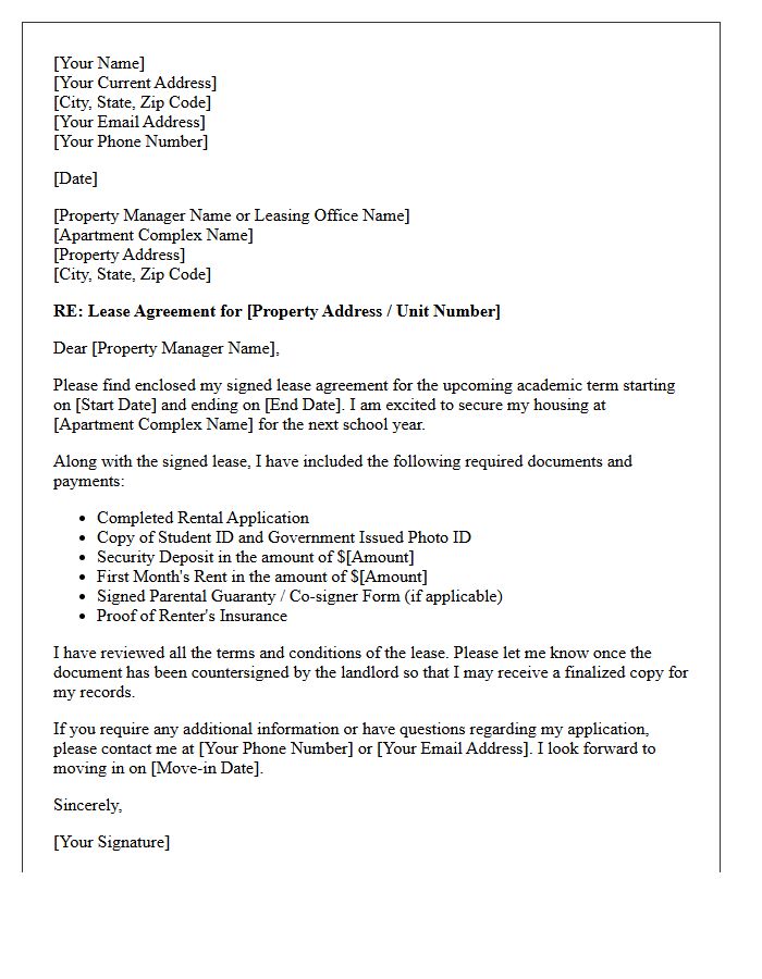 Student Housing Lease Agreement Cover Letter