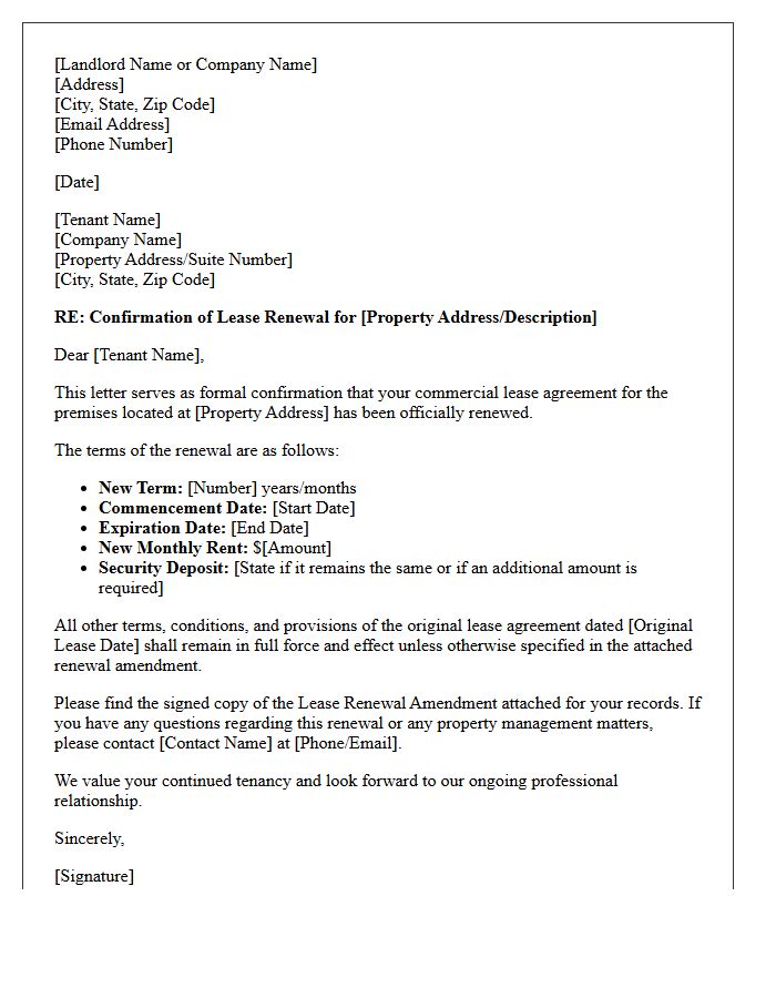 Commercial Lease Renewal Confirmation Letter