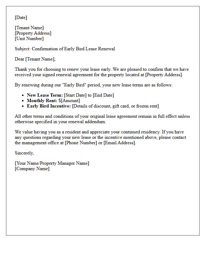 Early Bird Lease Renewal Confirmation Letter