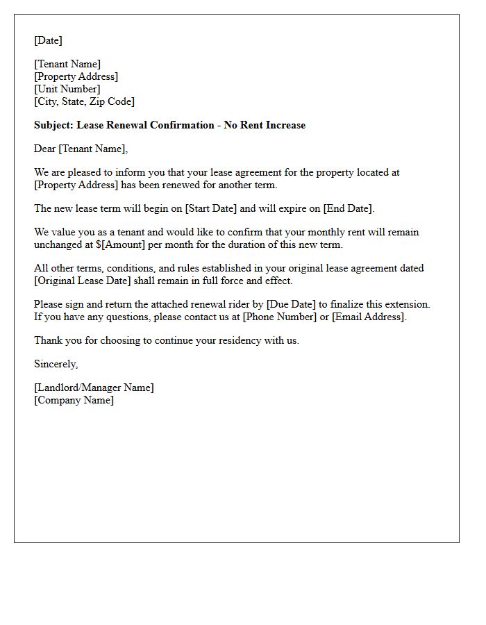 No Rent Change Lease Renewal Confirmation Letter