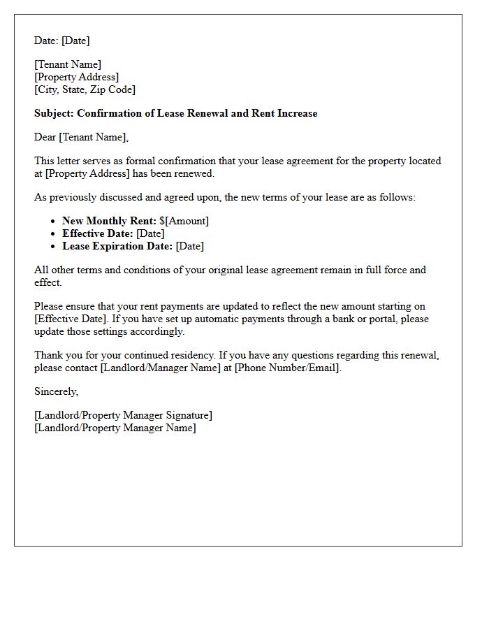 Rent Increase Lease Renewal Confirmation Letter