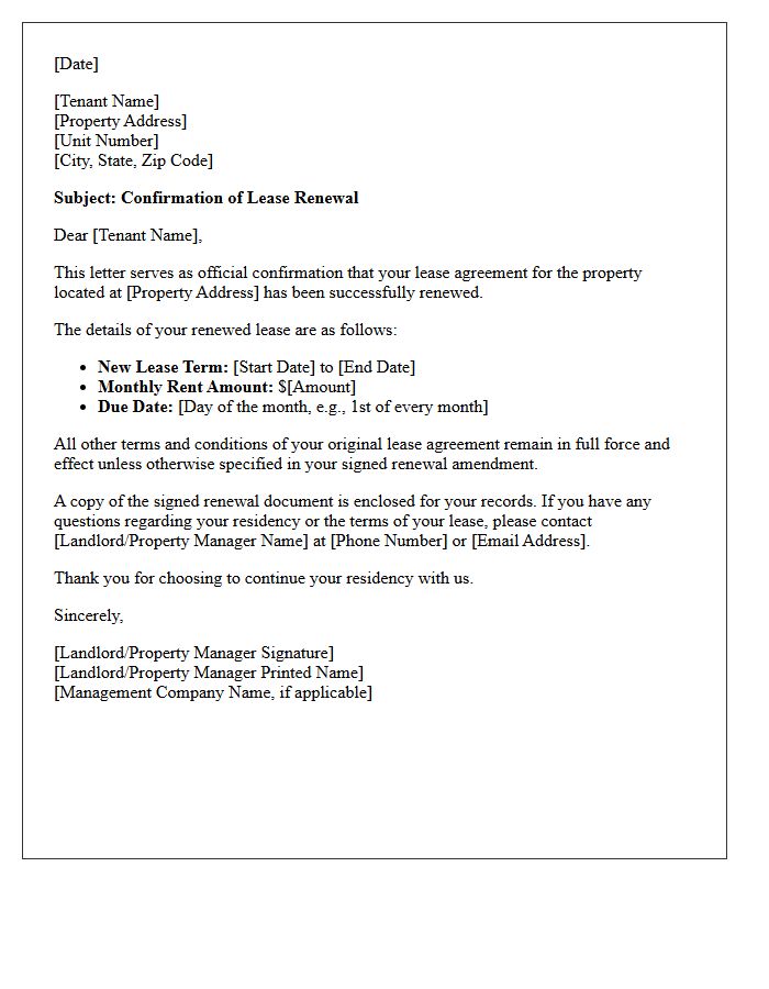 Residential Lease Renewal Confirmation Letter