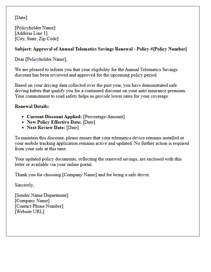 Annual Telematics Savings Renewal Approval Letter