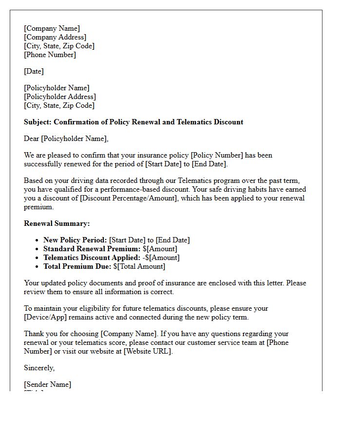 Policy Renewal And Telematics Discount Confirmation Letter