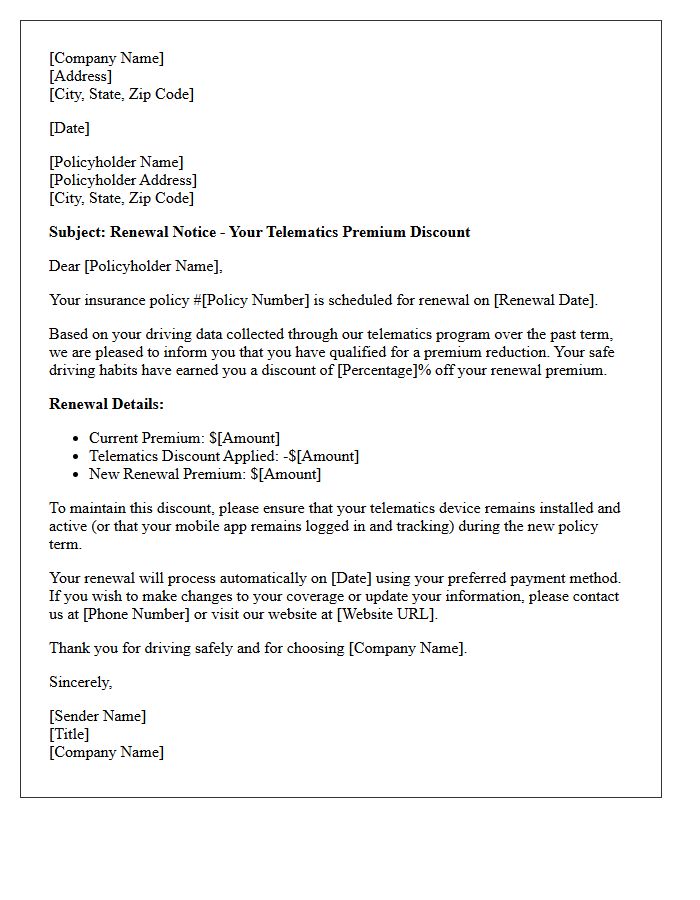 Premium Reduction Telematics Renewal Notice Letter