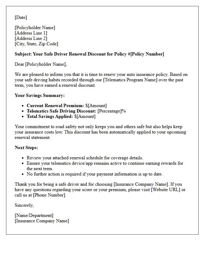 Safe Driver Telematics Savings Renewal Letter