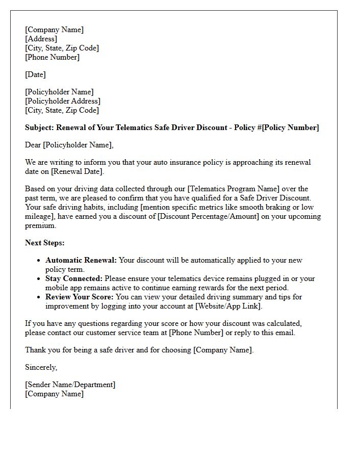 Telematics Safe Driver Discount Renewal Notice Letter