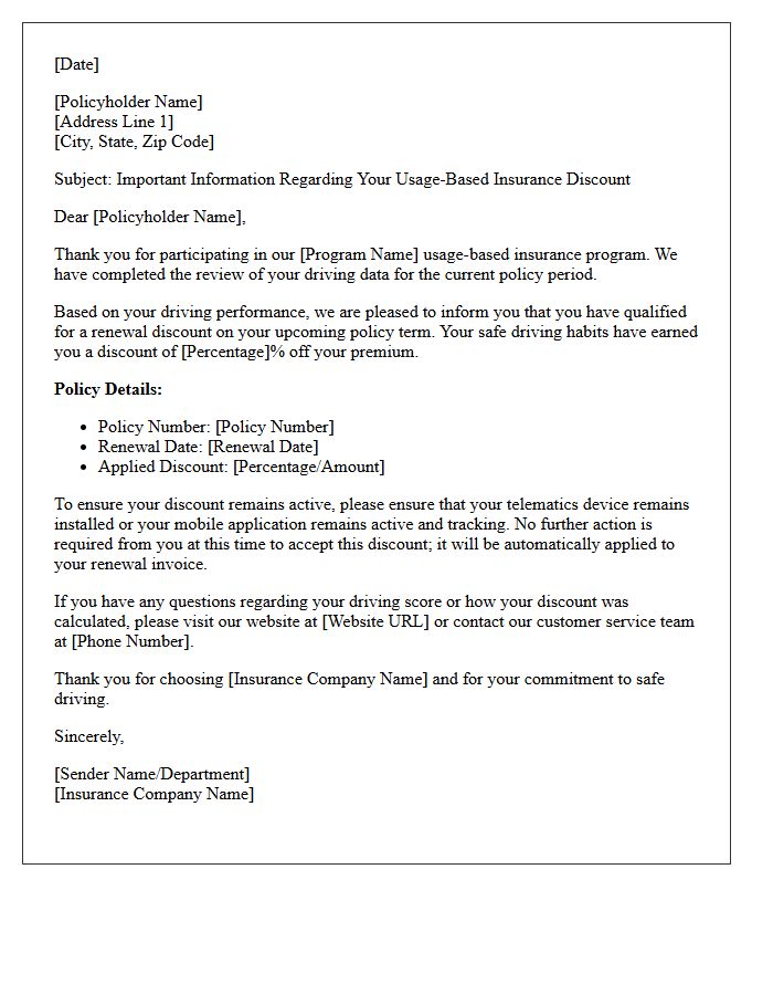 Usage-Based Insurance Discount Renewal Notice Letter