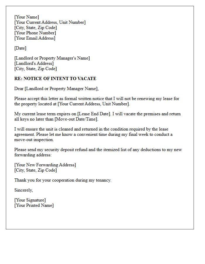 Tenant Notice of Lease Non-Renewal Letter