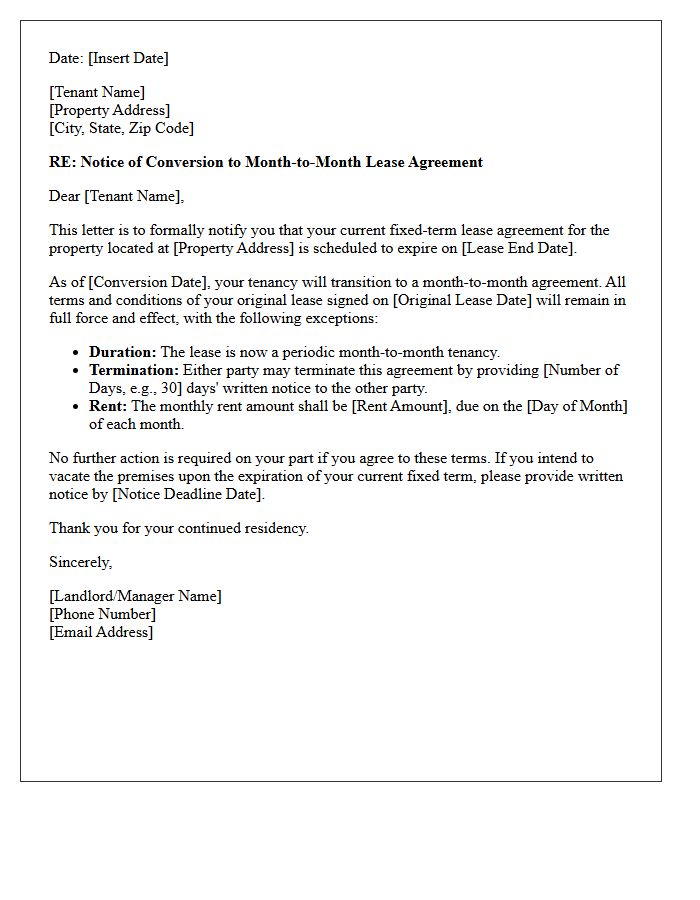 Residential Property Month-To-Month Lease Conversion Letter