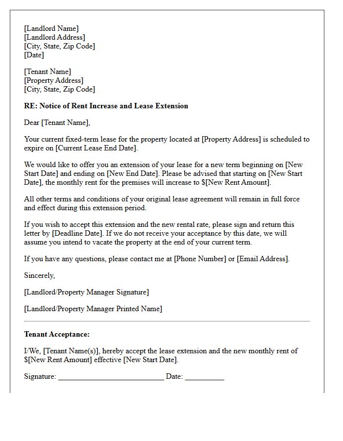 Fixed-Term Lease Extension Rent Increase Notification Letter