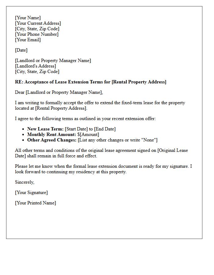 Fixed-Term Lease Extension Terms Acceptance Letter