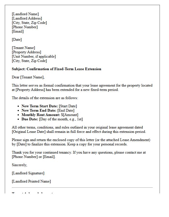 Landlord Fixed-Term Lease Extension Confirmation Letter