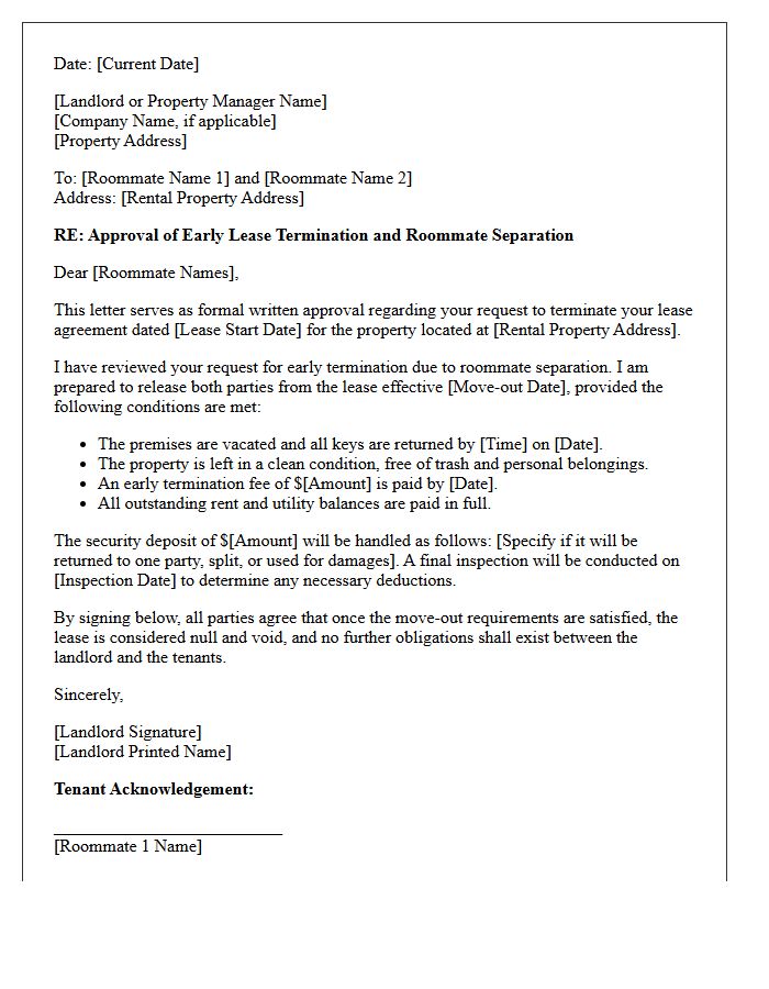Roommate Separation Early Lease Termination Approval Letter