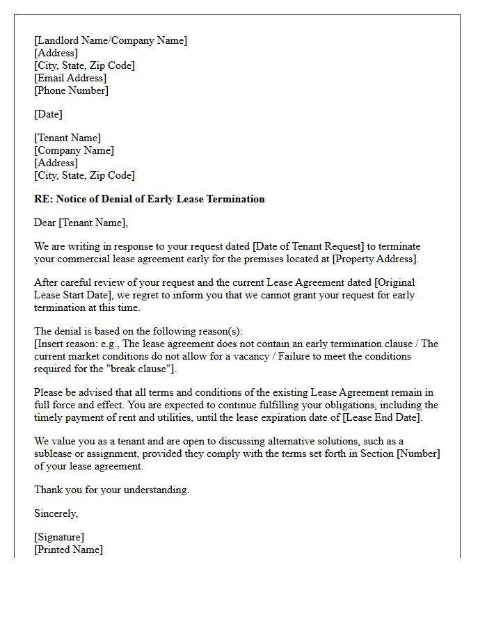 Commercial Property Early Lease Termination Denial Letter
