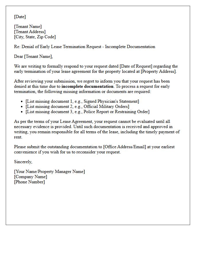 Incomplete Documentation Early Lease Termination Denial Letter