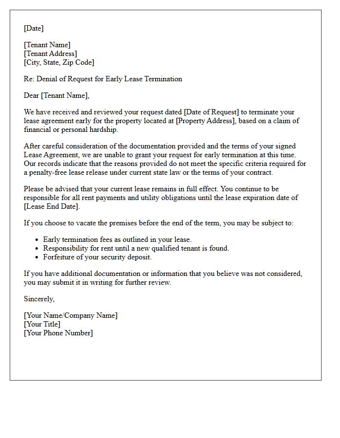 Invalid Hardship Claim Early Lease Termination Denial Letter