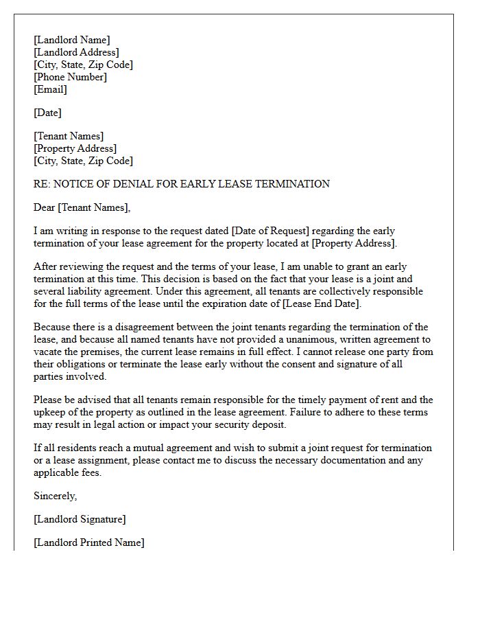 Joint Tenant Disagreement Early Lease Termination Denial Letter