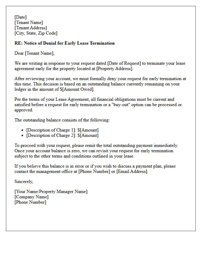 Outstanding Balance Early Lease Termination Denial Letter